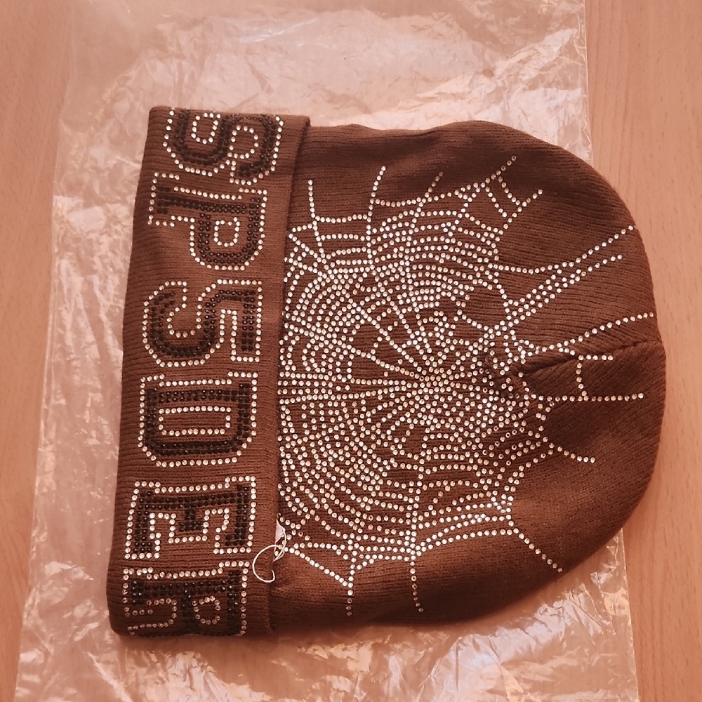 Brown Rhinestone Spider Web Beanie - Picture 3 of 3